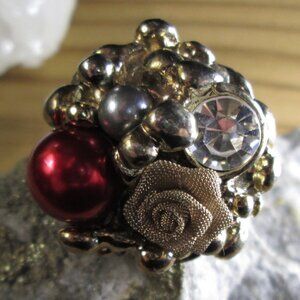 Faux Pearl Gold Tone Cluster Adjustable Cocktail Ring